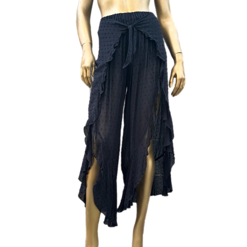 NWT Planet Blue/ Blue Life rayon Swiss Dot ruffle trim culotte sheer pants XS